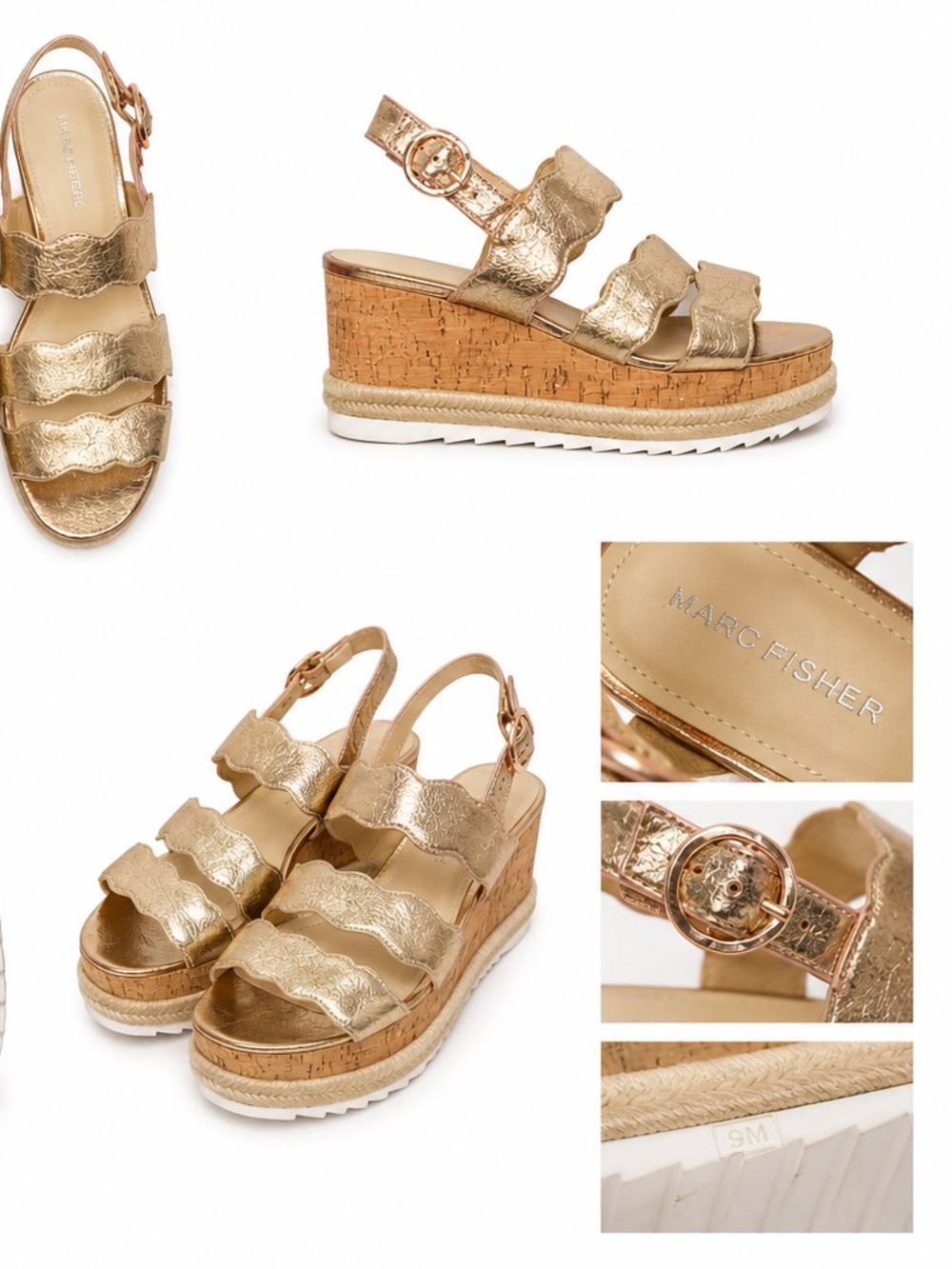 Marc Fisher Gold Metallic Platform Wedge Sandals Size 9